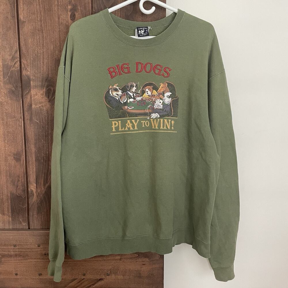 Vintage Big Dogs Sweatshirt Poker Cigar Mafia Embroidered Green Size Large